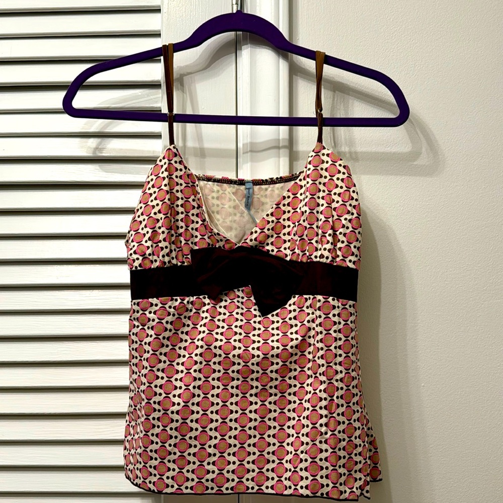 Hot Sauce Mod Tank Strappy Top SZ L 100% Cotton Pink & Brown Bow Detail